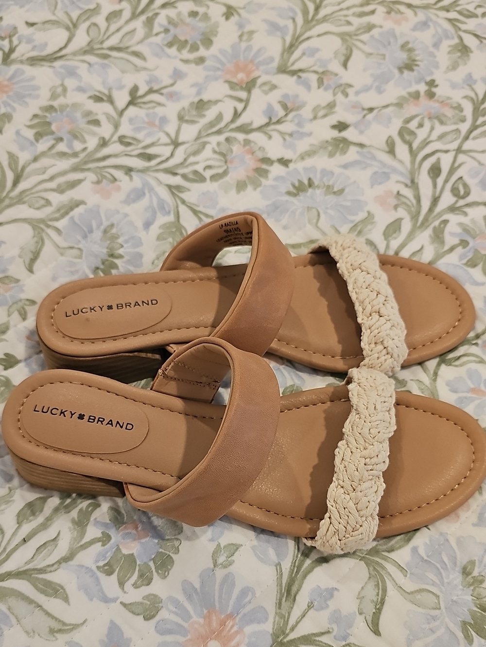 Lucky Brand Tan Slide Sandals with Cream Braided Strap, Size 9, Worn Twice